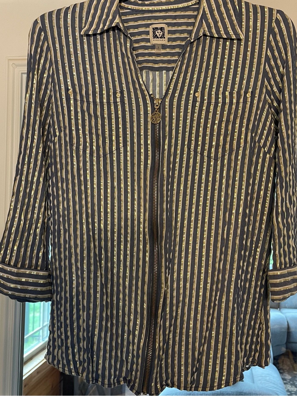 Anne Klein Navy and Gold Striped Zip-Front Button Shirt